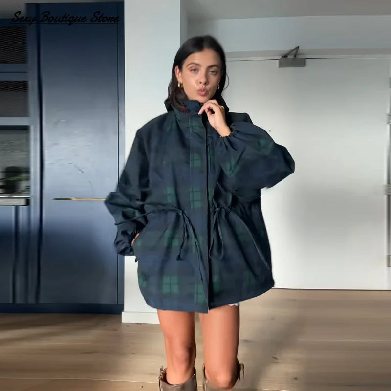Vintage Plaid Oversized Hoodie Jacket for Women