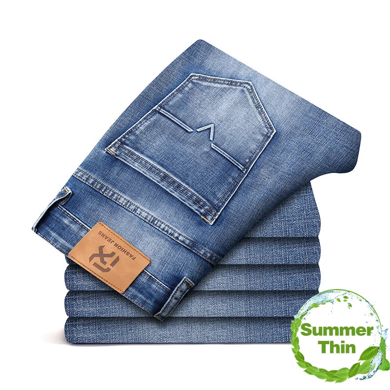 2025 Autumn New Men Regular Fit Stretch Jeans Classic Style Smoky Gray Fashion Casual Denim Pants Male Brand Trousers Blue