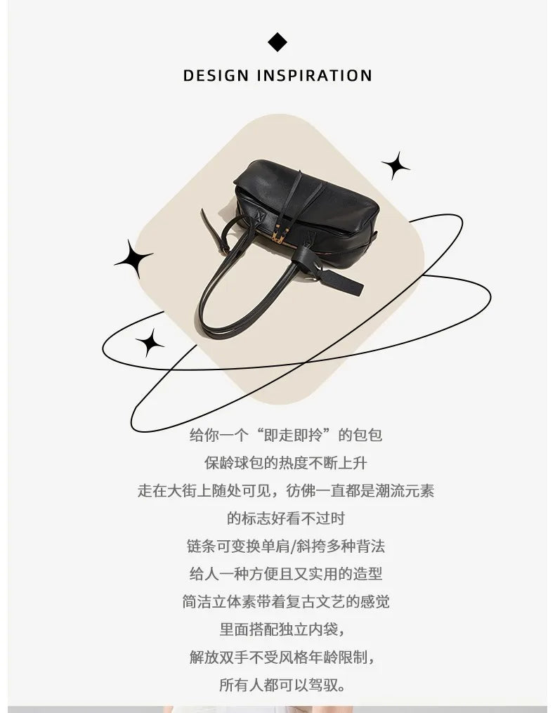High Version Genuine Leather Pillow Bag for Women 2026 New All-Match Large Capacity First Layer Cowhide Bowling Bag for Women