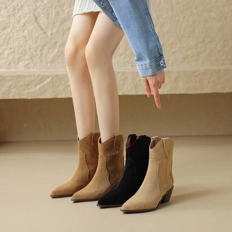 2026 Autumn Cow Suede Women Boots Pointed Toe Chunky Heel Boots for Women Fashion Short Boots Winter Boots Women Western Boots