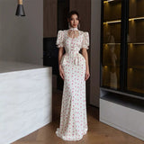 Women White Pink Floral Print Fishtail Skirt Set Chic V Neck Puff Sleeve Ruffle Button Crop Top Suit Elegant Lady Wedding Outfit