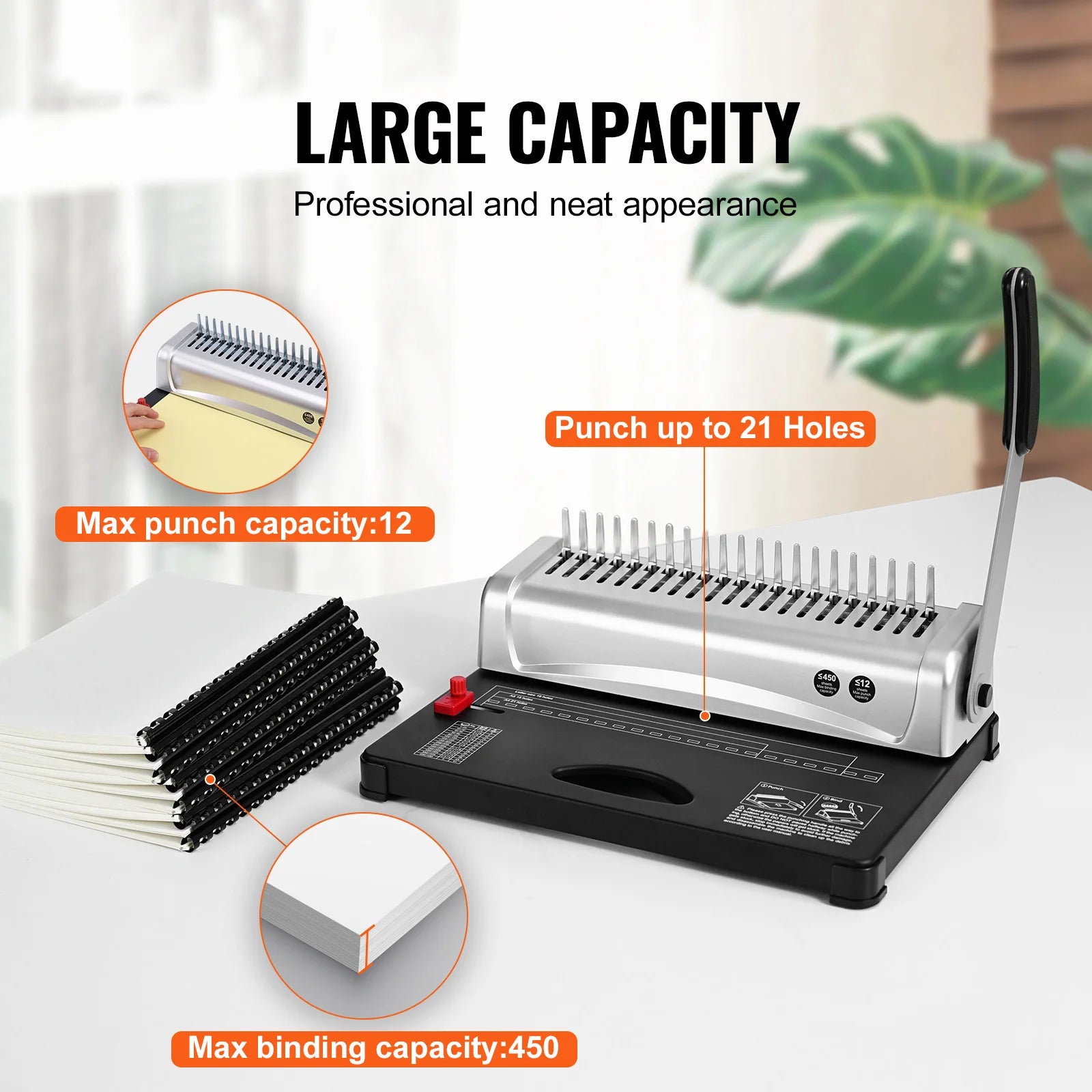 SucceBuy Binding Machine Comb Binding Machine 21Holes Binding 450 Sheets Book Binder Machine with 100 PCS 3/8'' Comb Binding Spines