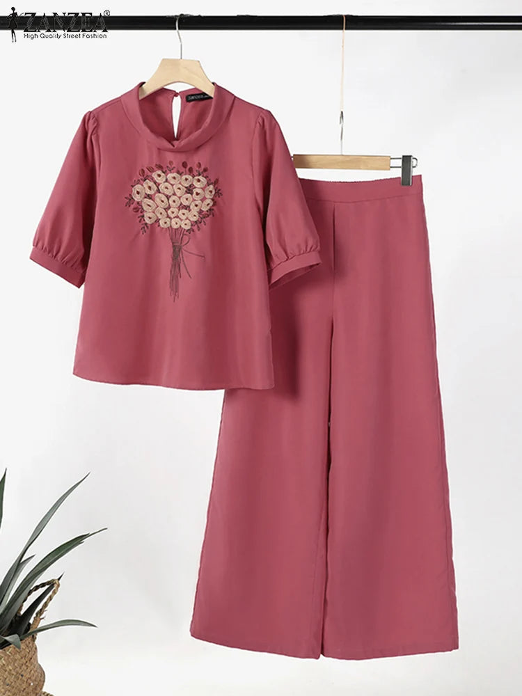 Floral Embroidery Linen-Style 2-Piece Set