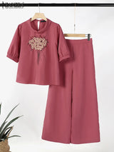 Floral Embroidery Linen-Style 2-Piece Set