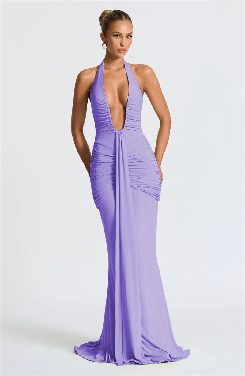 Elegant Deep V-Neck Halter Maxi Dress