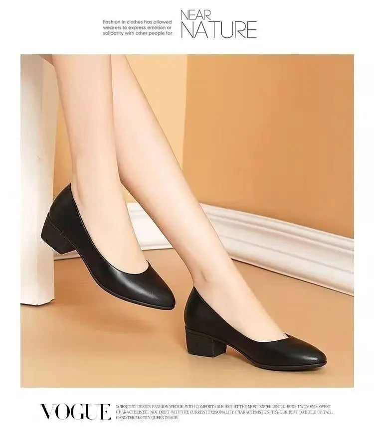 2025 New Arrival Women's Low-Heel Pumps Black Genuine Leather Formal Shoes Slip-On Commuter Comfortable Mid-Heel