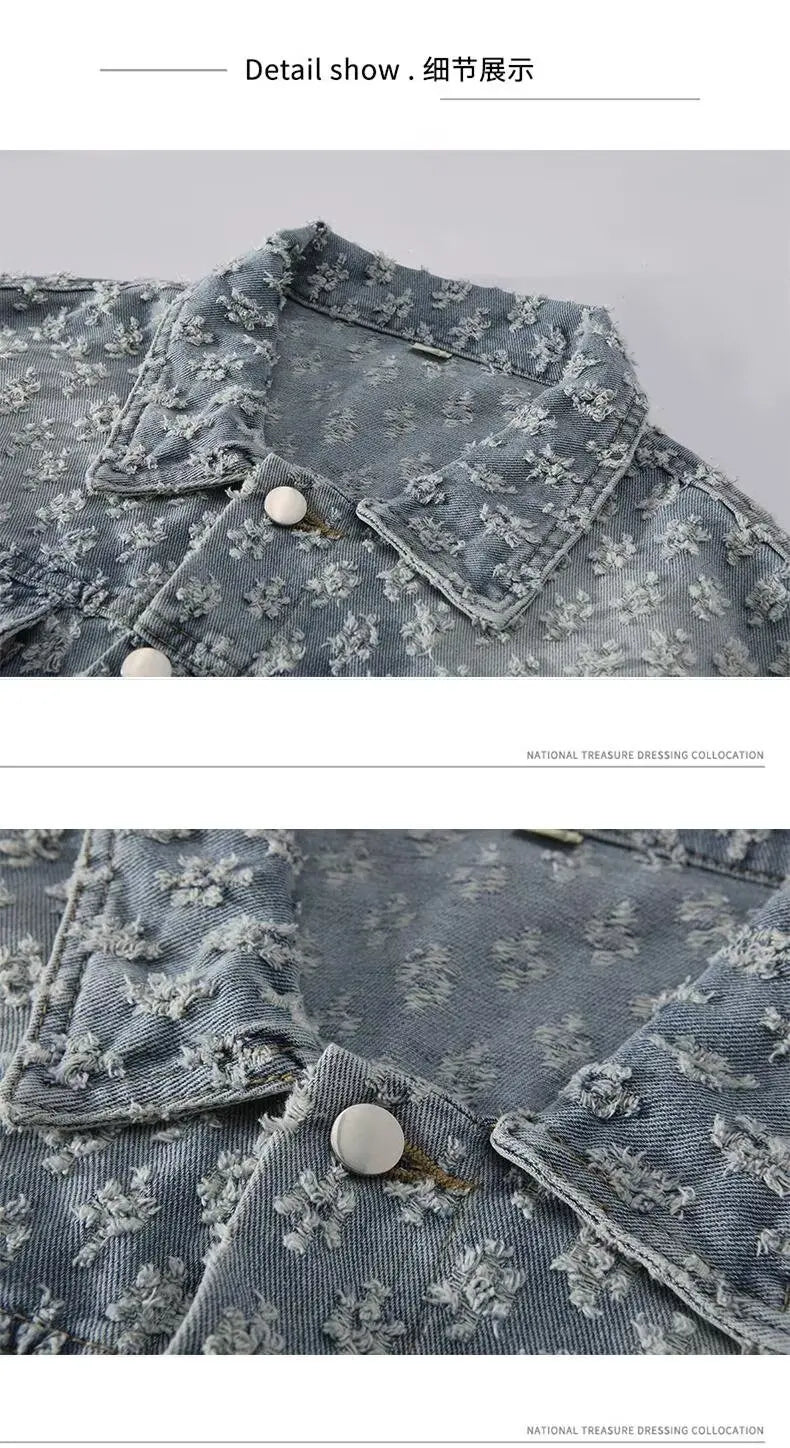 Fashionable Premium Jacquard Washed Denim Jacket for Men - Autumn New Arrival American Vintage Distressed Streetwear Style