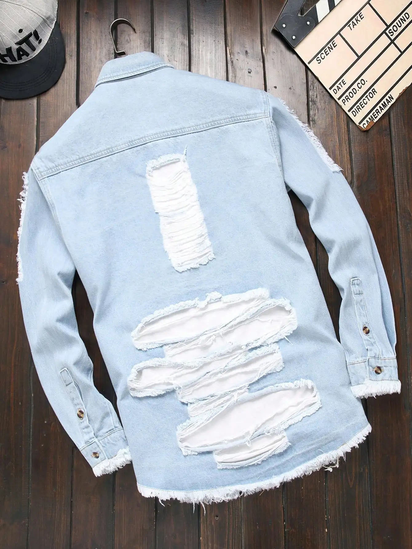 Men's Light Blue Ripped Distressed Washed Denim Long - Sleeve Shirt for Spring and Autumn