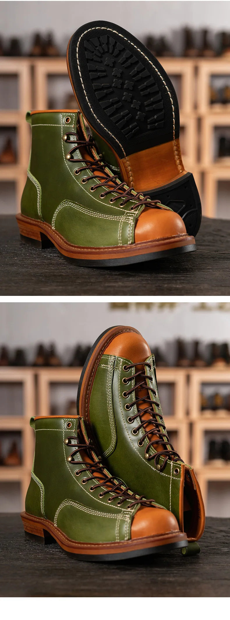 KOWM Hiking shoes men's cowhid boots British leather trekking shoes thick soled ankle sneakers cowhide high top motorcycle boots