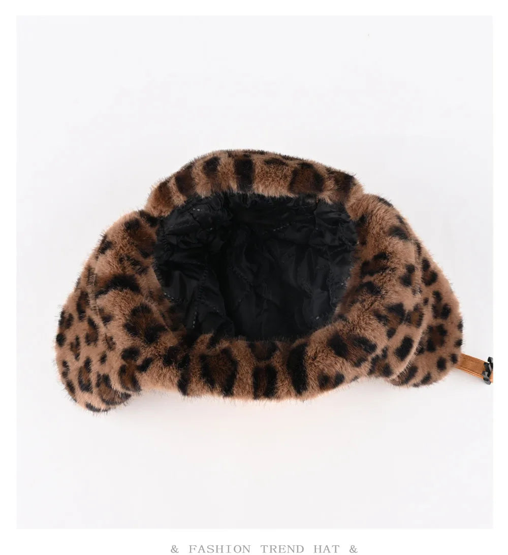 wild leopard print pilot caps Faux fur Bomber hat men ski cap winter hat thickened warm ear protect hat classic riding cap털모자