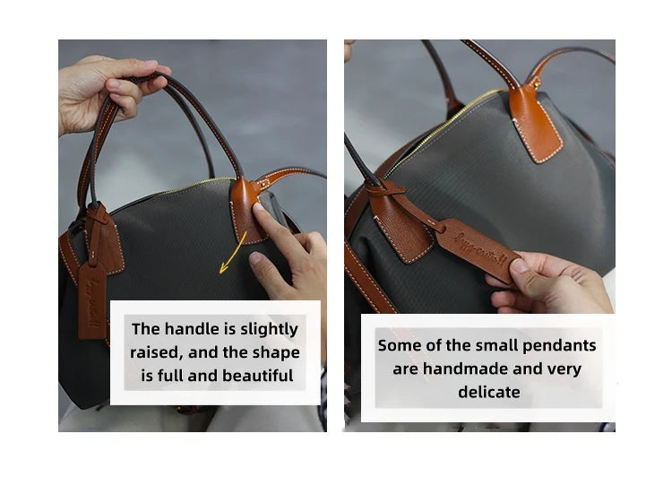 Women's Nylon With Genuine Leather Zipper Tote Lightweight Soft Travling Bags Versatile Style Handbag Different Colors And Size