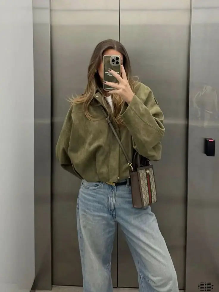 YENKYE New 2025 Women Suede Textured Bomber Jacket Long Sleeve Lapel Collar Loose Coats Casual Female Outerwear Chic Tops