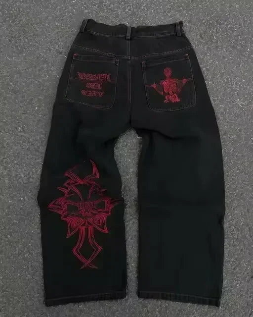 Retro Cherry Blossom Embroidered Wide Leg Y2K Jeans