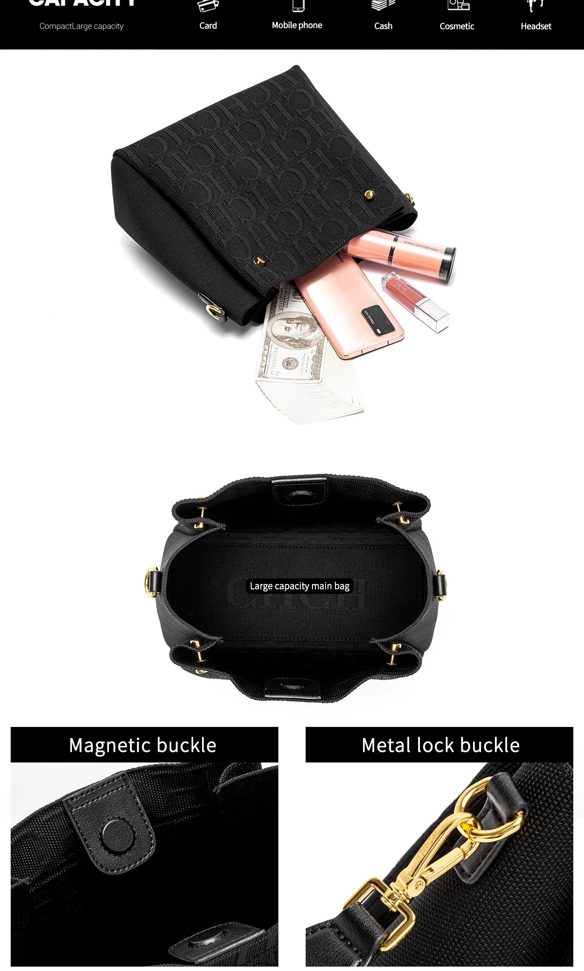 CH New Jacquard Letter Women Bucket Bag Wide Printed Strap Crossbody Purse Large Capacity Ladies Casual Daily Handbag Gift