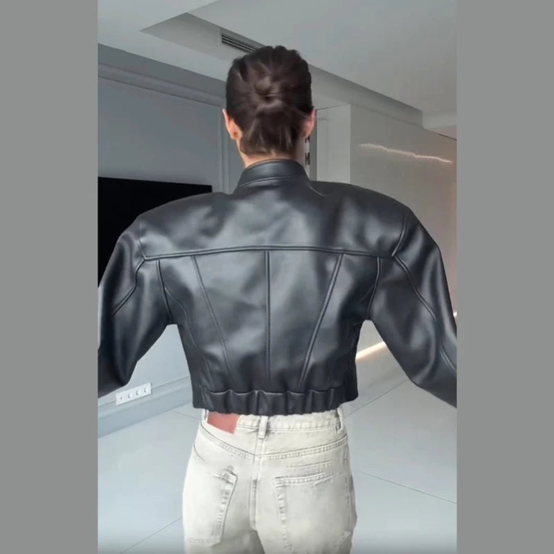 Slim Fit Faux Leather Jacket Women Classic Moto Biker PU Fitted Zipper Jackets Spring Autumn Basic Coat Office Street Outerwear