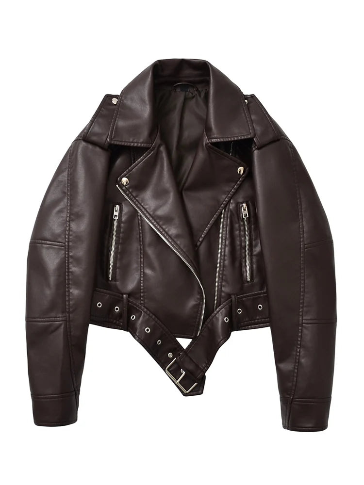 Ailegogo New Spring Autumn Women Vintage Loose Belt Faux Leather Jacket Streetwear Female Retro Moto Biker Coat Outwear