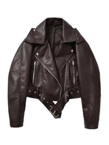 Ailegogo New Spring Autumn Women Vintage Loose Belt Faux Leather Jacket Streetwear Female Retro Moto Biker Coat Outwear