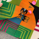 Miyake Pleated Drape Dress – Colorblock Print, 3/4 Sleeve