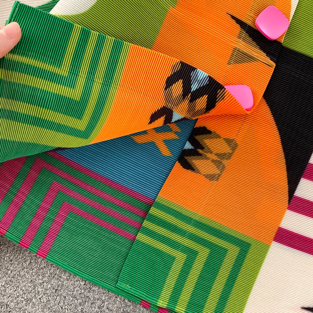 Miyake Pleated Drape Dress – Colorblock Print, 3/4 Sleeve