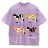 Cute Cartoon Cow Print T-Shirt Pure Cotton Washed Shoulder Round Neck Neutral Style Fashion Trend New High Quality Short Sleeves
