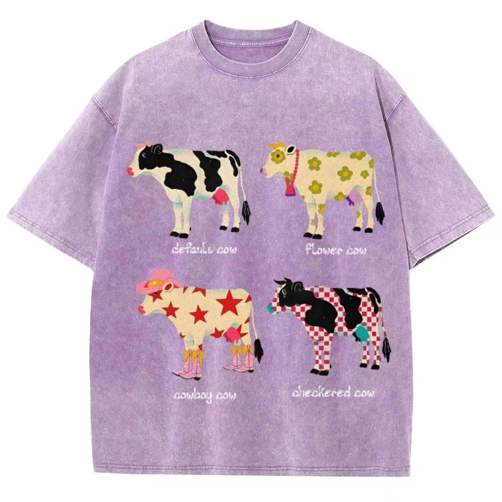 Cute Cartoon Cow Print T-Shirt Pure Cotton Washed Shoulder Round Neck Neutral Style Fashion Trend New High Quality Short Sleeves