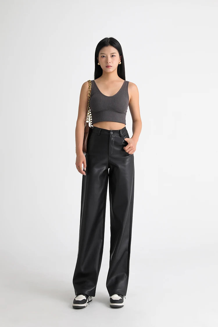 Women's High Waist Faux Leather Wide Leg Fleece Pants