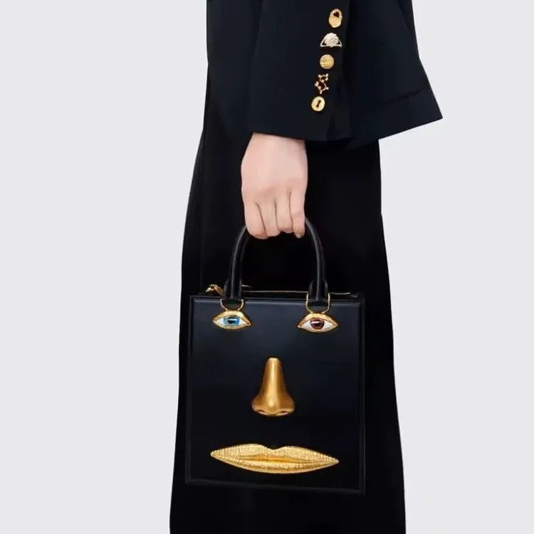 Face Bag Women High Quality Black Leather Luxury Brands Handbag Jewelry Eyes Gold-tone Metal Shoulder Strap Crossbody Bags