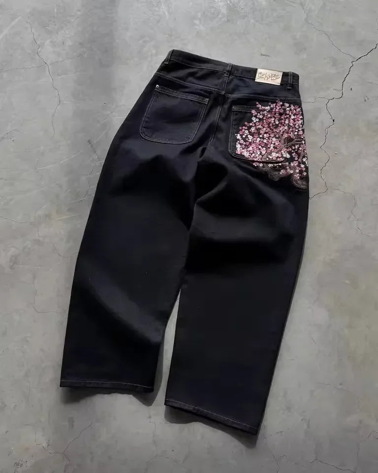 Cherry Blossom Embroidered Wide Leg Jeans