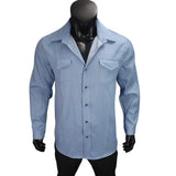 Men's Denim Shirt Slim Fit Light Blue Long Sleeve Casual Top with Two Chest Pockets Button Front Copper Buttons Washed Gray