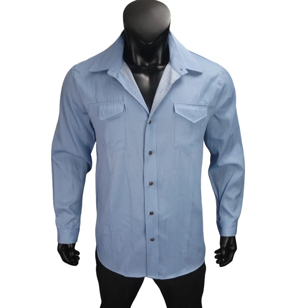 Men's Denim Shirt Slim Fit Light Blue Long Sleeve Casual Top with Two Chest Pockets Button Front Copper Buttons Washed Gray
