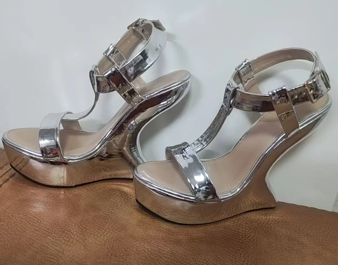 Strange Style Heel Women Novelty Shoes Metallic Leather Fashion High Heels Slingback T-Tied Mixed Color Summer Sandals