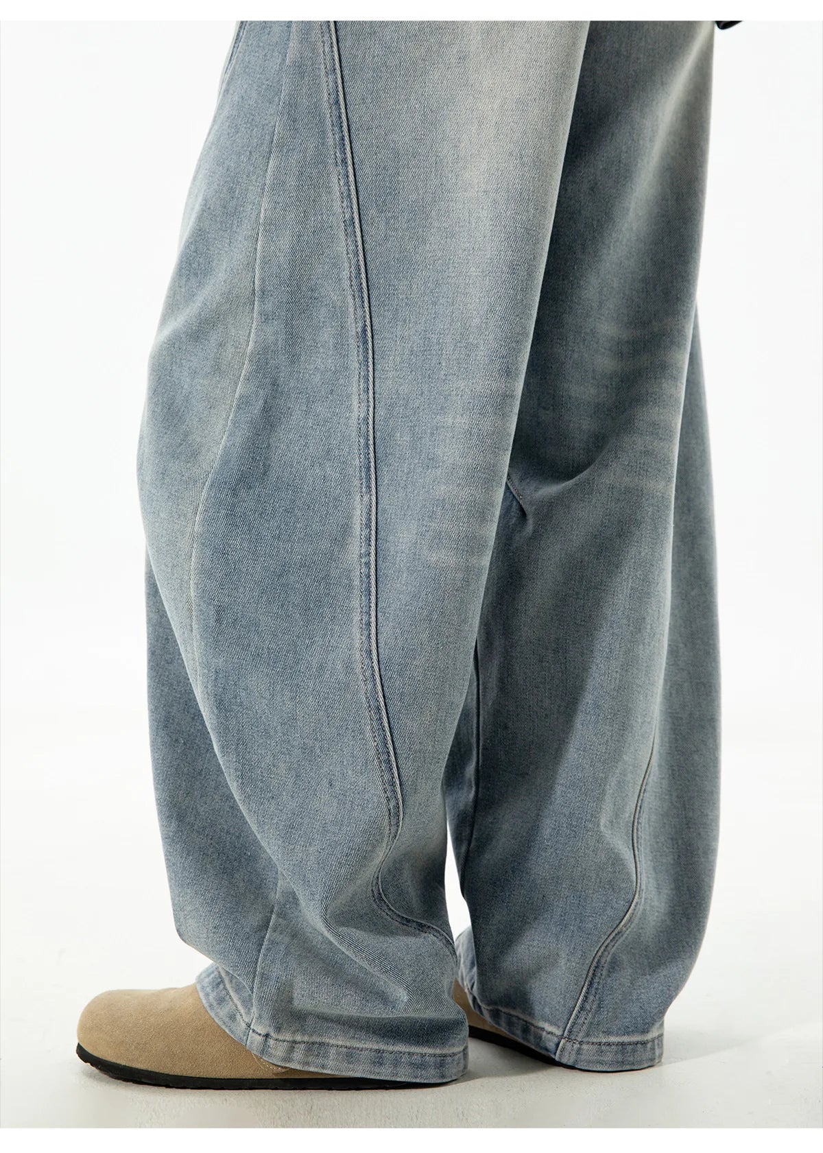 Autumn Retro Structured Split Washed Distressed Curved Jeans with Men's Silhouette Loose Straight Leg Pants Trendy Street Style