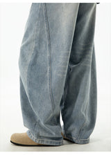 Autumn Retro Structured Split Washed Distressed Curved Jeans with Men's Silhouette Loose Straight Leg Pants Trendy Street Style