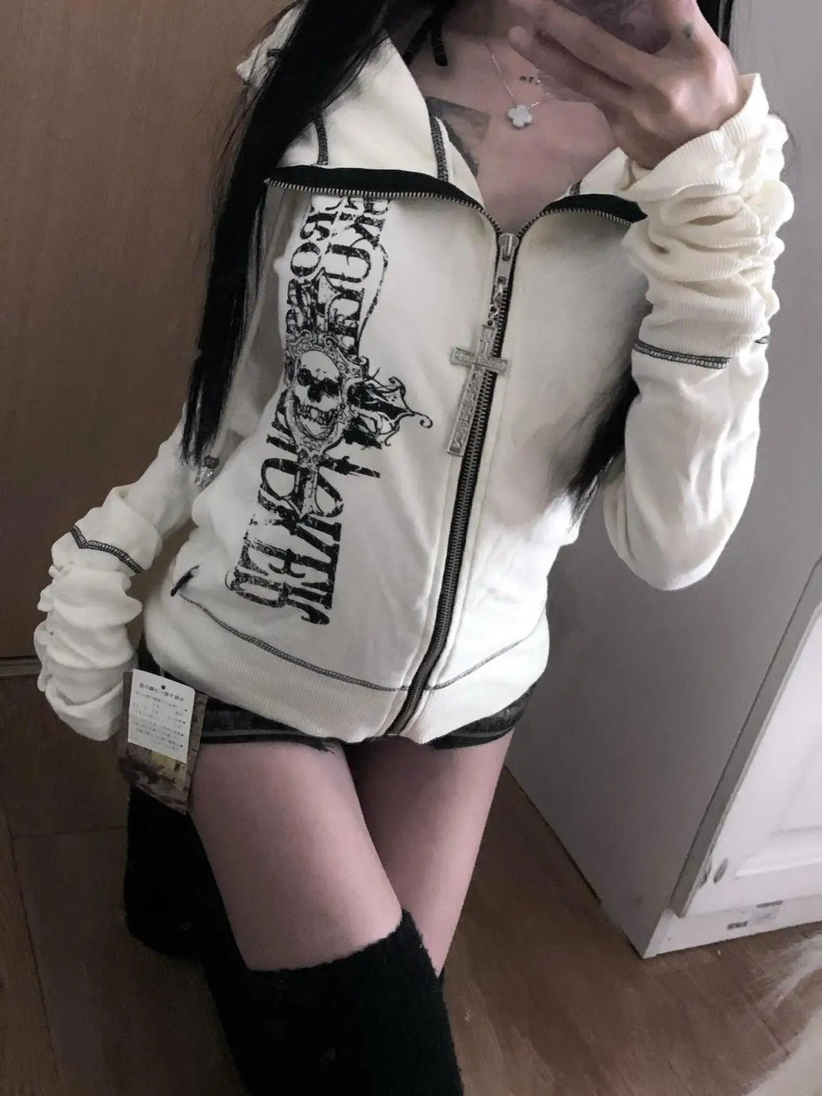 Harajuku Y2k Gothic Hooded Coat Women 2025 Autumn New Casual All-match Jackets Subcultural Japanese Black Tops Mujer Sweatshirt