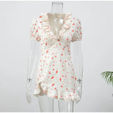 Women Elegant Printed Short Dress Chic V-neck Short Sleeve A-line Bodycon Mini Dresses 2026 Lady New Summer Vacation Street Robe