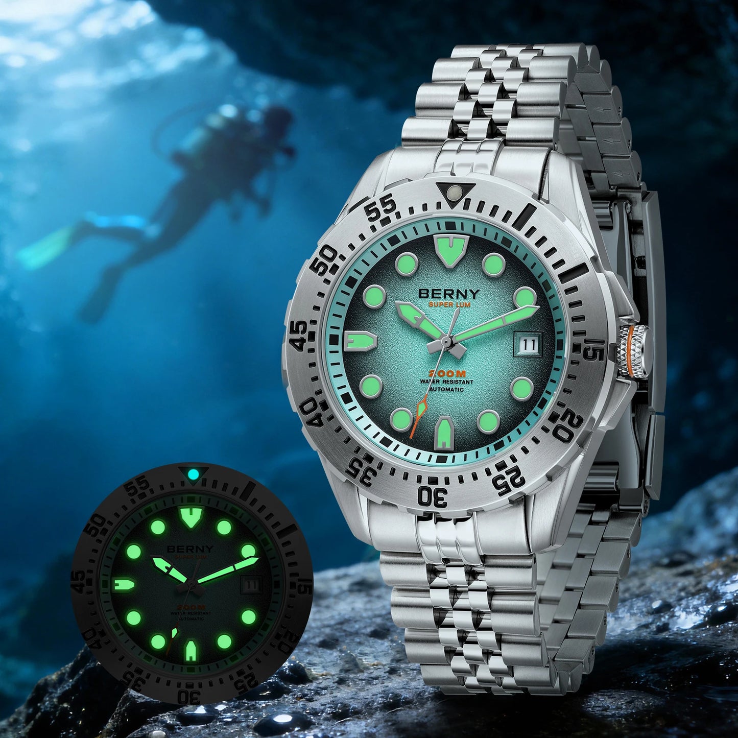 BERNY 20ATM Automatic Diver Watch for Men MIYOTA 8215 Top Accuracy 316L Steel Supper Luminous Sapphire AR Men's Diving Watches