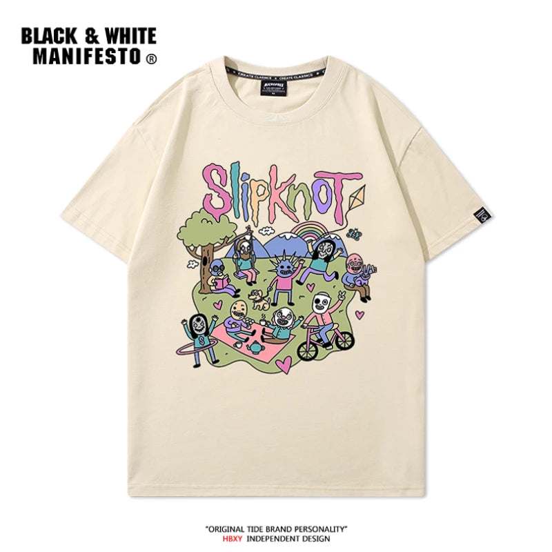 Rock Retro Slipknot T-Shirt Short Sleeve Men's Heavy Metal Cartoon Printed Loose Top Half Sleeve
