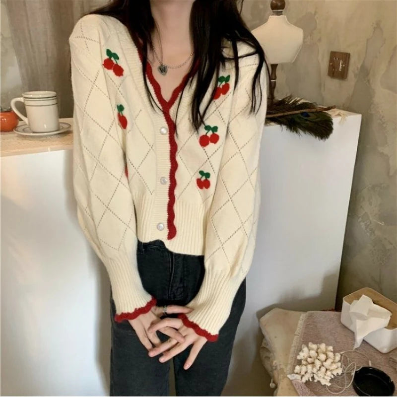 Floral V-Neck Button-Up Knit Cardigan for Women