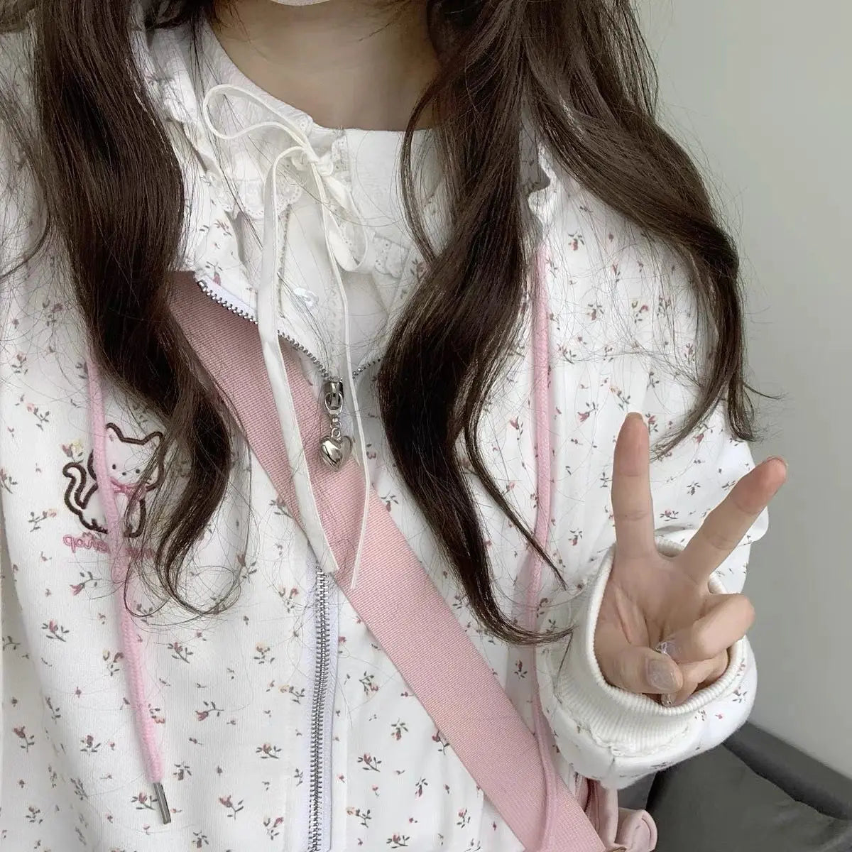 Women's Cat & Floral Print Zip-Up Hoodie