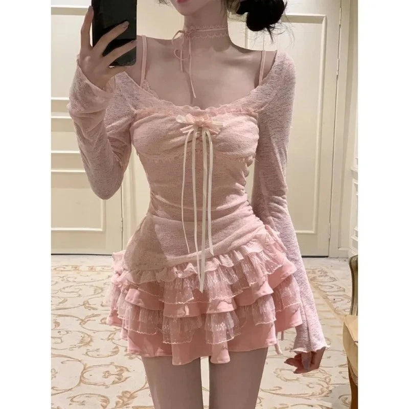 2025 Autumn Two Pieces Skirt Set Women Y2k Crop Tops T-shirt + Cake Skirts Japanese Kawaii Fashion Suits Chic Outfits Korean