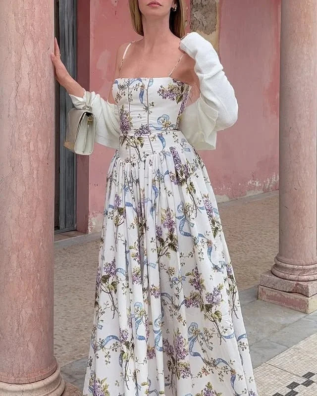 Floral Print Spaghetti Strap Midi Sundress - Elegant Boho Chic Summer Beach Dress