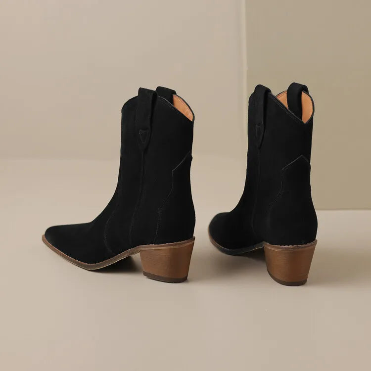 2026 Autumn Cow Suede Women Boots Pointed Toe Chunky Heel Boots for Women Fashion Short Boots Winter Boots Women Western Boots