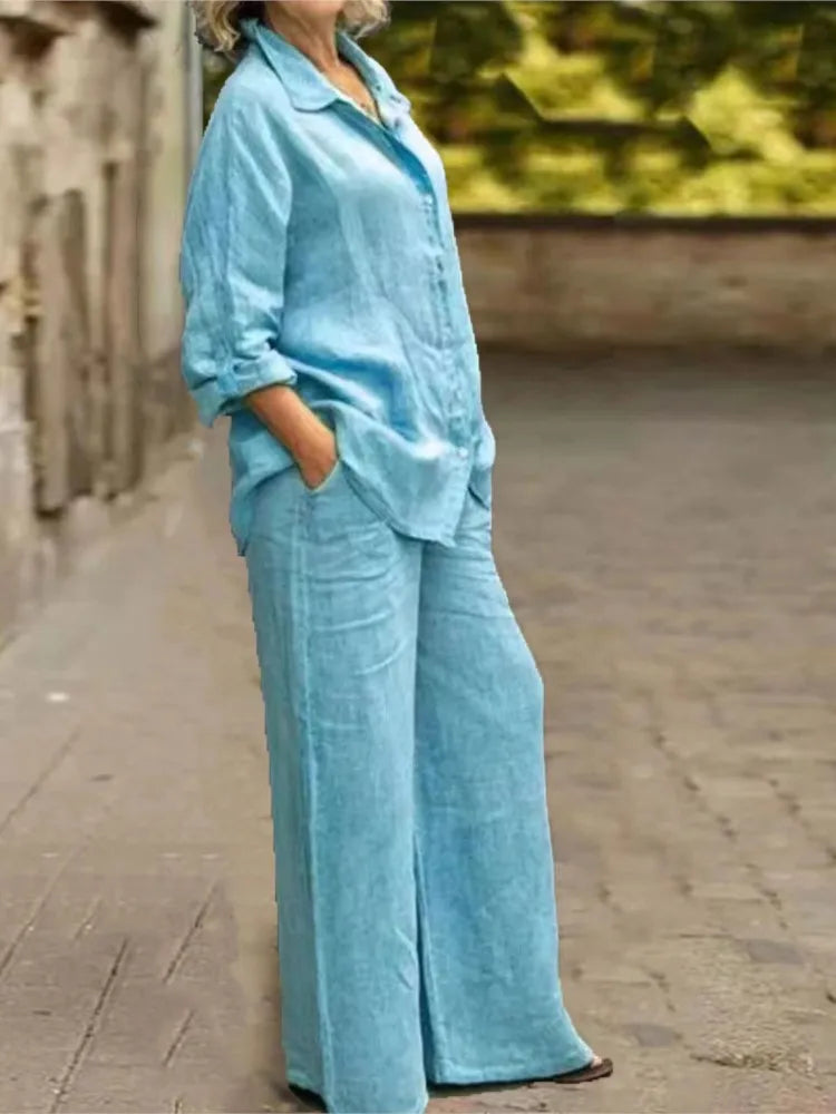 Fashion Cotton Linen Shirt Long Sleeved Women's Set Spring Autumn Loose Cotton  Linen Wide Leg Trousers Female Office 2piece Set