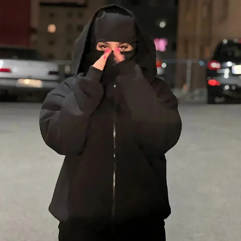 Y2K Double-Hood Zip-Up Balaclava Hoodie