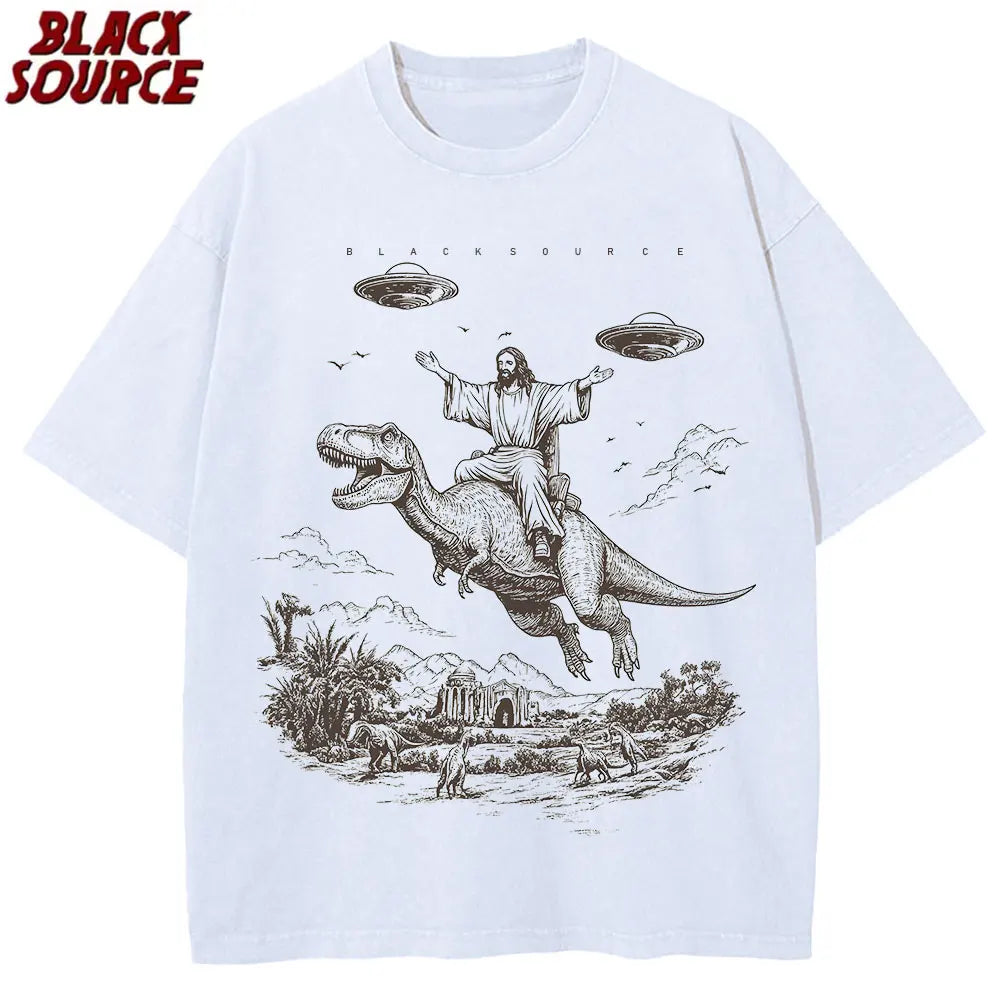 T075 Cartoon Dinosaur Print Fashion T-Shirt Women's Unisex Wash Distressed Vintage Tee Student Fashion Design Vacation Top