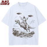 T075 Cartoon Dinosaur Print Fashion T-Shirt Women's Unisex Wash Distressed Vintage Tee Student Fashion Design Vacation Top