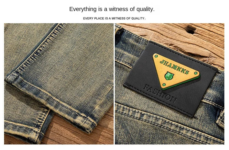 2026 European Trendy Brand Yellow Mud Jeans Men's Retro Old Slim Fit Fashion Long Pants Autumn and Winter Thick Pants