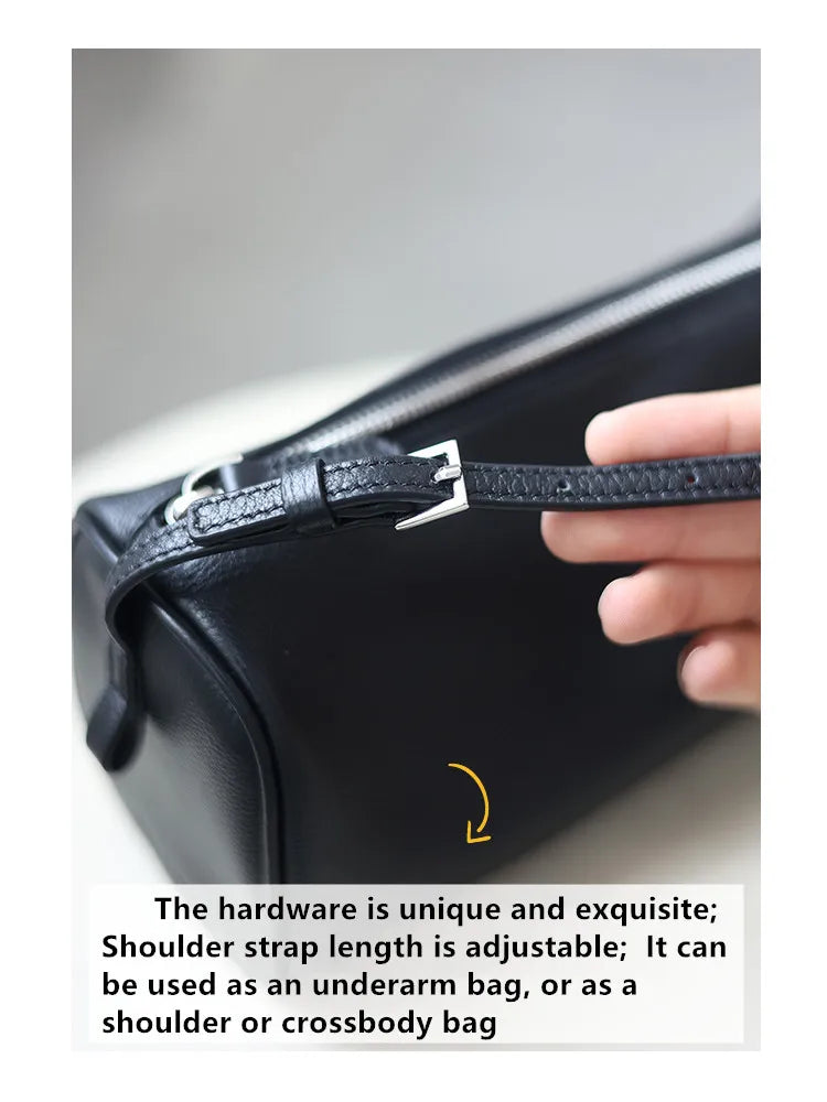 Full Grain Leather Soft Balck Small Size Crossbody Bags For Women Luxury Adjustable Shoulder Strap Underarm Bag Portable Handbag
