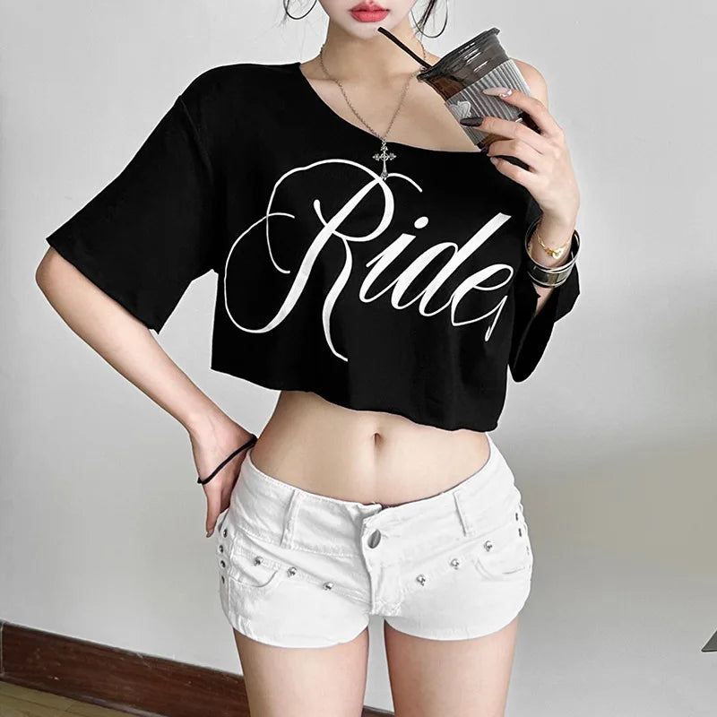 KSylCue Letter Print Off-Shoulder Crop Top
