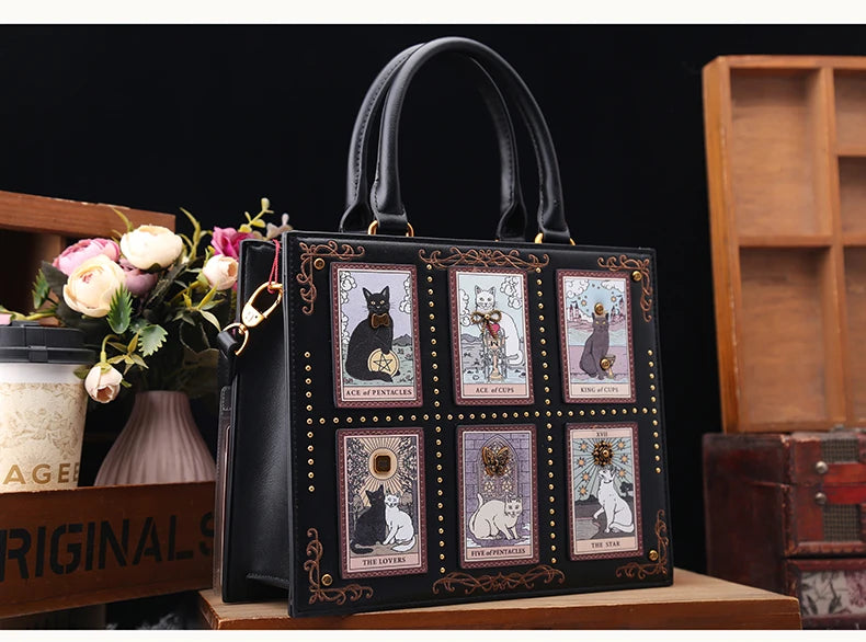 Vintage Luxury Leather Tote – Designer Cat Embroidery Shoulder Bag